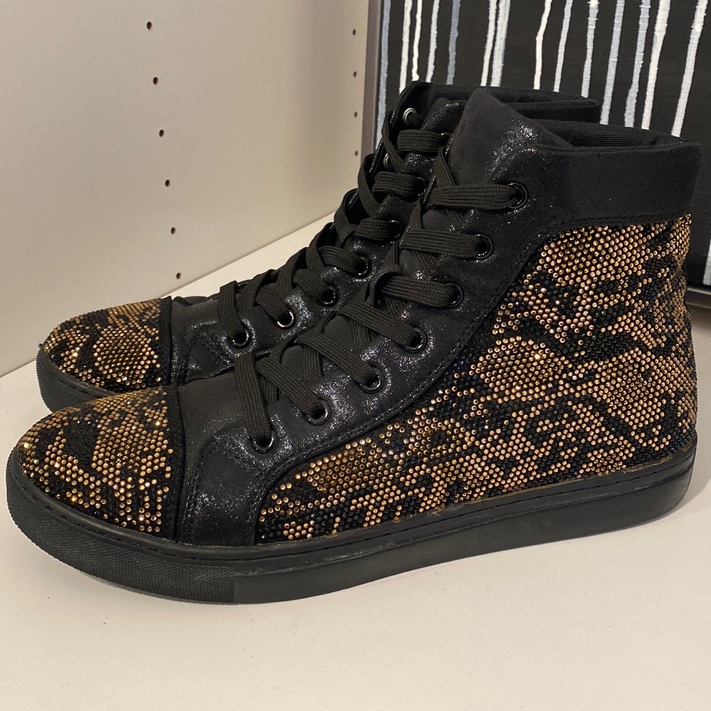 Steve Madden Riot High Top Black Gold Studded Rhinestone Sneakers - Men’s 10
